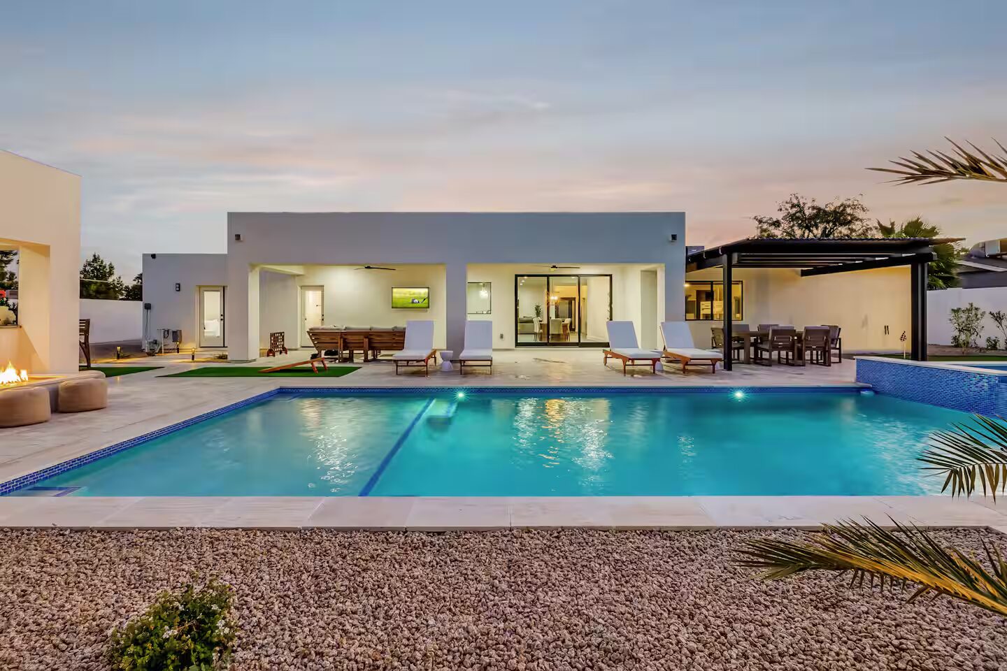 Querencia pool and rear elevation at twilight, Scottsdale