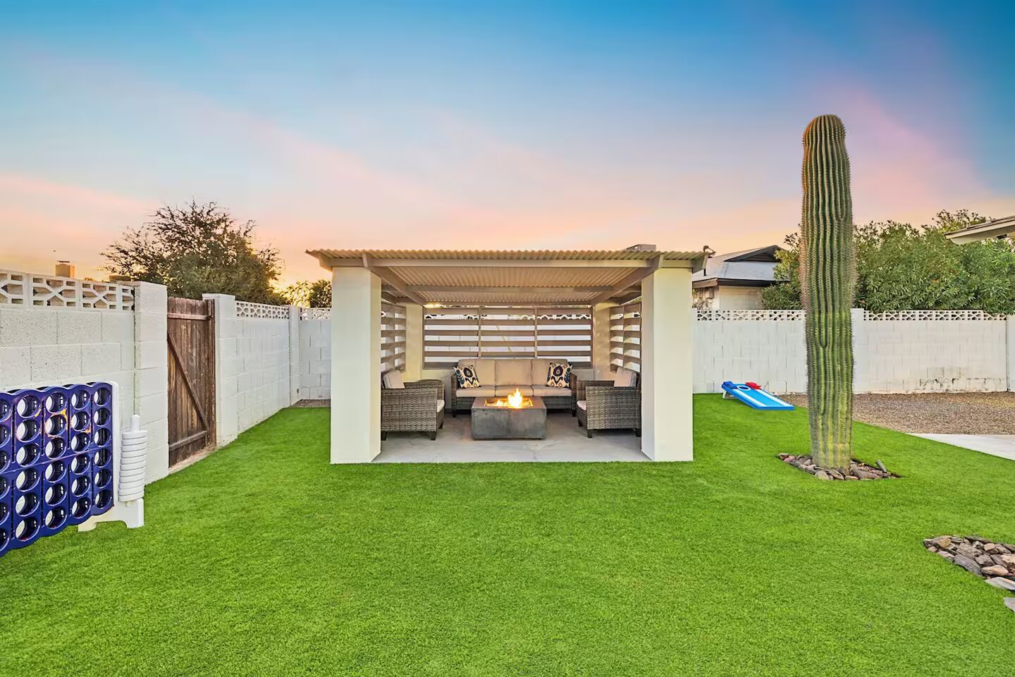 The firepit and lawn lounge at Solace at twilight, Old Town Scottsdale