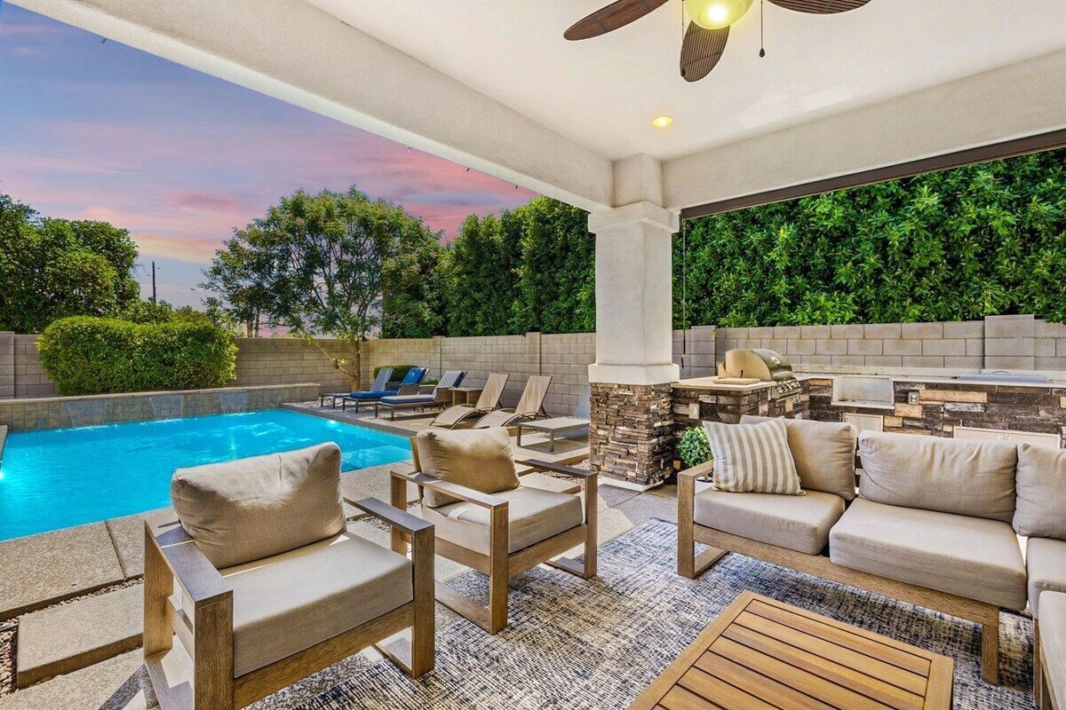 The cabana beside the pool at The Grove at dusk, Arcadia