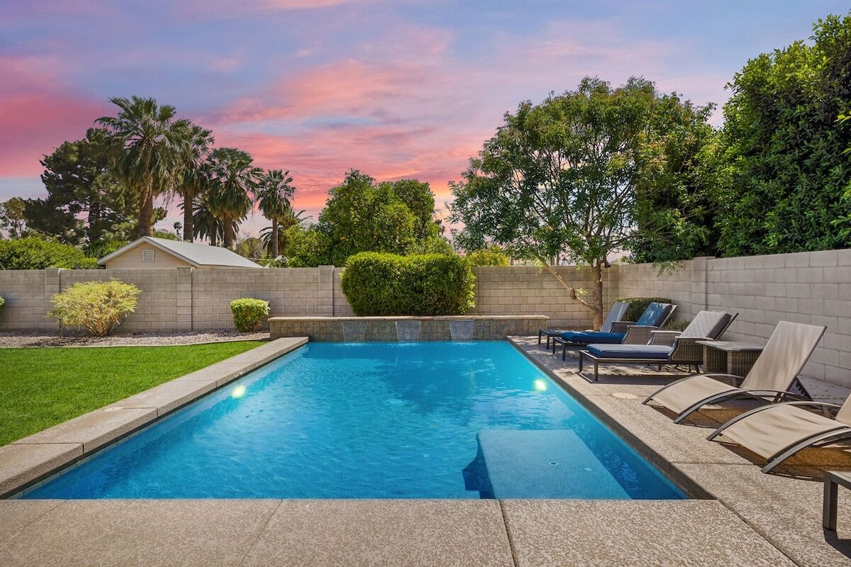 The Grove pool glowing at twilight, Phoenix