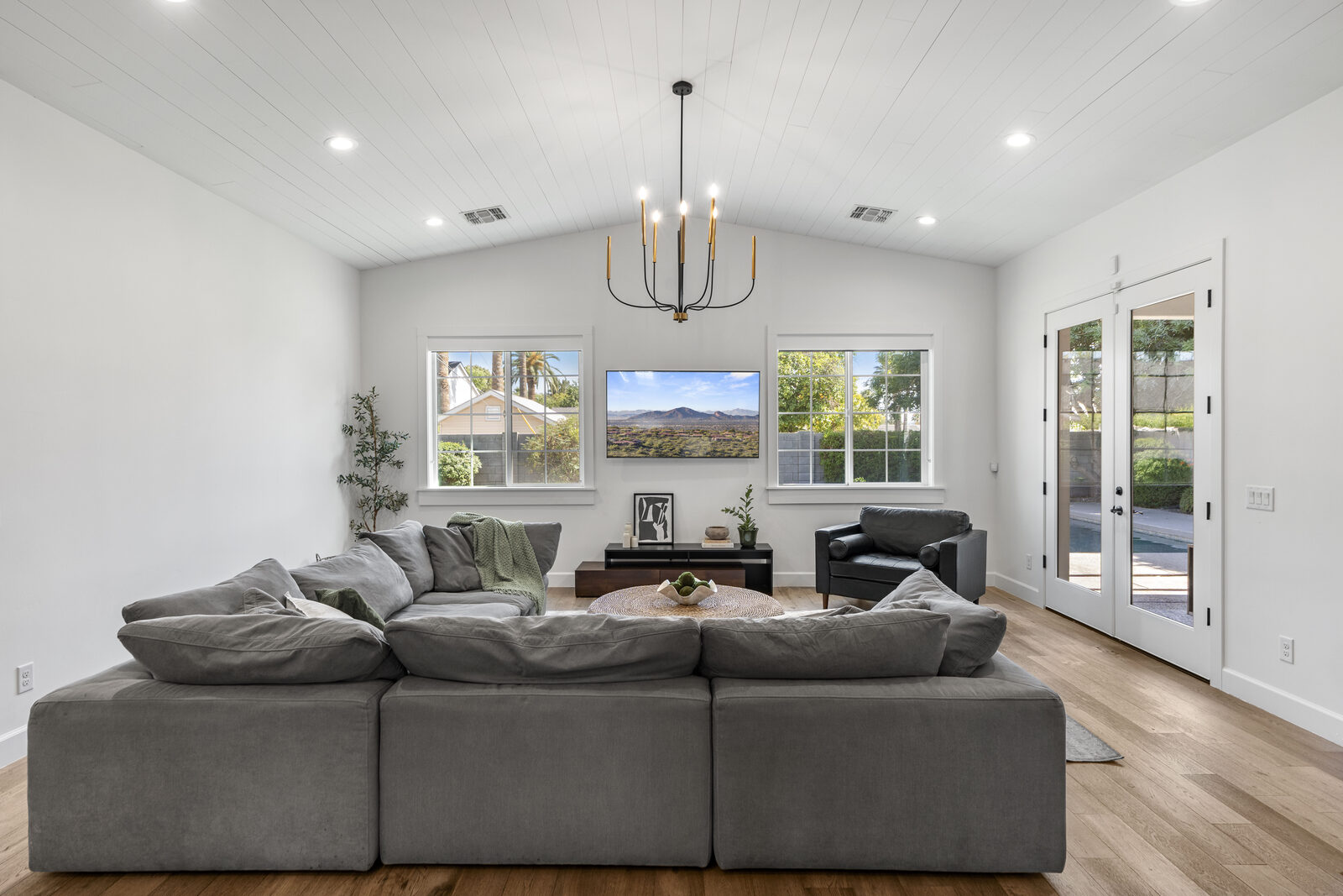 The living room at The Grove under ten-foot ceilings